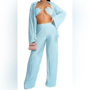 3 Piece Plisse Long Sleeve Pleated Shirt & Bra + Loose Pants Set – Size XL